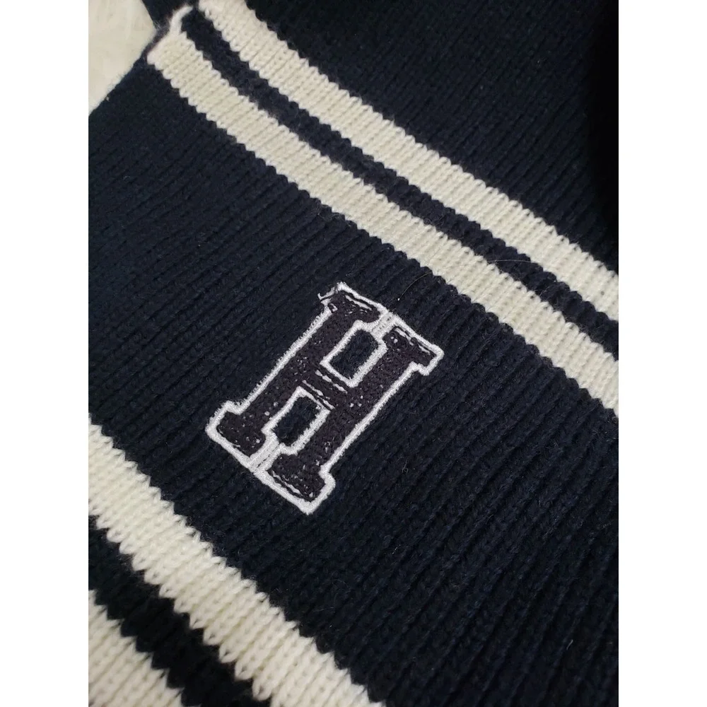 Tommy Hilfiger Varsity Patch Ribbed Knit Unisex Scarf Navy Blue Academic Preppy